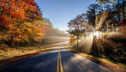 Obraz premium sunbeams on a country road on a fall morning in dahlonega georgia