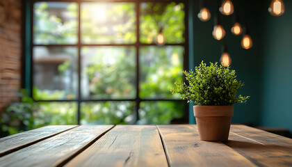 Rustic wooden table in cozy cafe interior with warm lighting and greenery