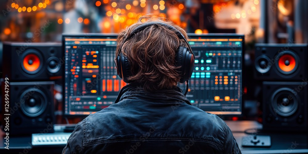 Poster audio editing enthusiast using modern software with intuitive interface in creative studio environme