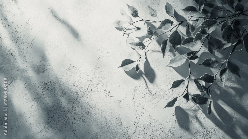 Poster Delicate leaves cast soft shadows against a textured grey surface, creating a captivating interplay of light and shadow. This tranquil composition invites reflection and introspection