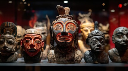 Collection of tribal masks and sculptures artifacts displayed in a museum
