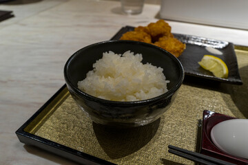 Japanese meal in Himeji in Asia, Japan, Kansai, Himeji, in summer, on a sunny day.