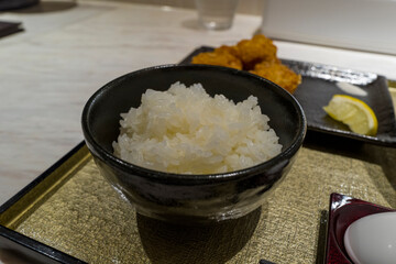 Japanese meal in Himeji in Asia, Japan, Kansai, Himeji, in summer, on a sunny day.