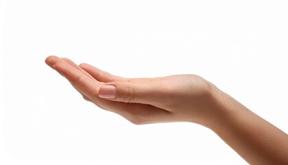 empty open female palm hand isolated on white background advertising marketing or product placement concept