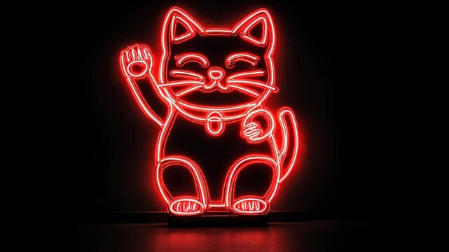 Red neon maneki neko inviting good fortune into the void of night