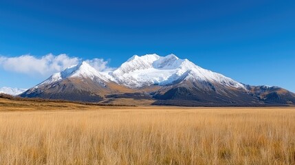 Snow-capped mountains rise above autumnal plains under a clear sky; nature landscape