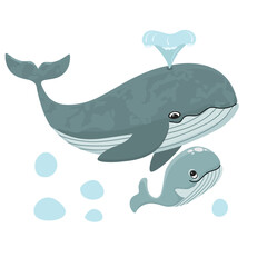 Whale mother and her baby. Cartoon animal family isolated on white background. Cute character with water fountain. Vector design for use in card, banner template,cover,stickers. Childish print .