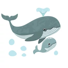Gardinen Meerestiere Whale mother and her baby. Cartoon animal family isolated on white background. Cute character with water fountain. Vector design for use in card, banner template,cover,stickers. Childish print .  © Alla