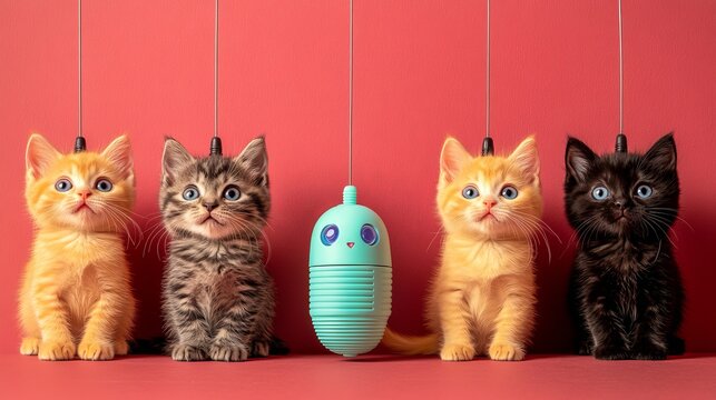 Dancing kittens from a meme and a rocket with a warhead against a red background. An anti-war, apocalyptic concept highlighting the threat and danger of nuclear weapons of mass destruction