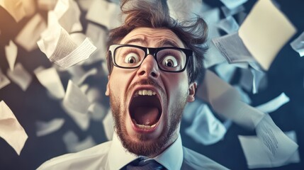 Frustrated man surrounded by flying papers