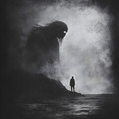 Darkness and Shadow: Exploring the Fearful Figure of a Monster in a Surreal Landscape - A Haunting Reflection on Isolation, Mystery, and Emotional Depth in the Twilight Ocean