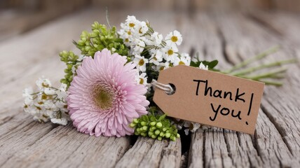 A beautiful arrangement of flowers and a thank you tag