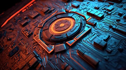 Naklejka premium A cutting-edge orange-blue circuit technology with a black-white backdrop, representing a 3D CG visualization of an advanced digital data connection system, computer electronics design, and a Sci-Fi