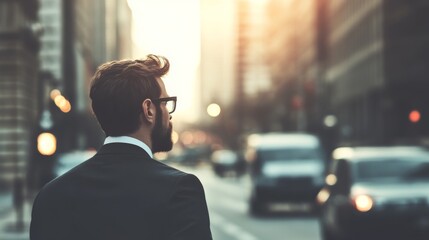 Urban Businessman Contemplating, City Street Background, Possible Use for Business or Lifestyle Stock Photo