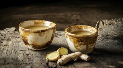 Ginger Tea in Handcrafted Ceramic Cups on Rustic Wooden Table.  A warm, comforting drink perfect for a cozy evening.  Enjoy the health benefits of ginger.
