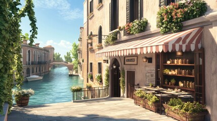 Venetian Shopfront on Canal, Sunny Day, Outdoor