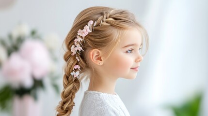 Naklejka premium Young Girl With Braided Hair And Flower Hairpins