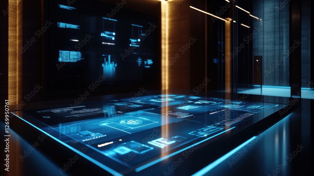 Poster futuristic control room interface displaying advanced data visualization
