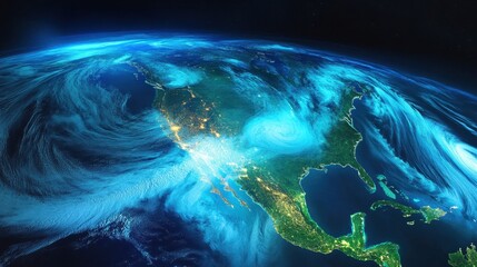 A stunning view of North America from space, highlighting swirling clouds and vibrant city lights against a backdrop of deep blue atmosphere.