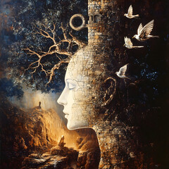 Surrealism and Transformation in Nature: Embracing Freedom and Solitude through Imagination, Meditation, and Connection with the Landscape's Depth and Mystery in a Dreamlike Journey of Growth