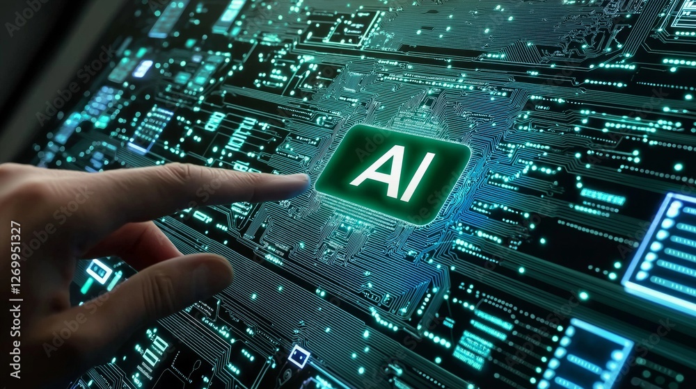 Poster human hand placing ai processor onto motherboard with digital light effects, symbolizing artificial 