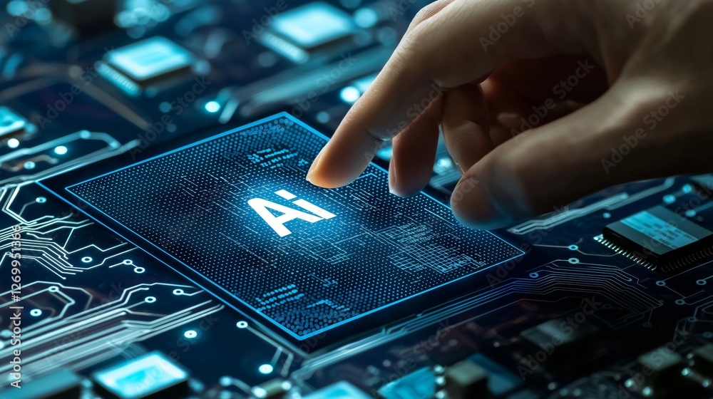 Aufkleber Human hand placing AI processor onto motherboard with digital light effects, symbolizing artificial intelligence, innovation, data processing, and high-tech future, Generative AI