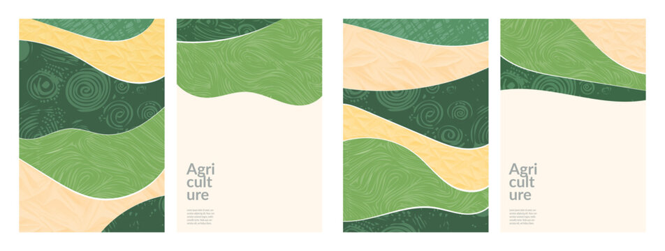 Sustainable agriculture organic farm rural landscape green patchwork pattern. Earth Day modern poster, Japanese abstract vector design. Agro illustration, business template, eco layout with copyspace