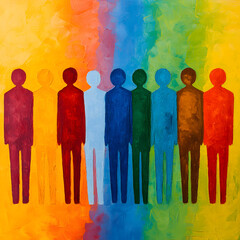 Colorful Silhouette Art: Abstract Expression of Diversity and Community with Vibrant Figures and Shadows in Modern Design, Symbolizing Unity, Identity, and Emotions Through Artistic Creativity