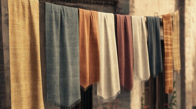 Colorful textiles drying outdoors, ancient city backdrop. Possible use Stock photo for home d?cor, travel, or lifestyle magazines