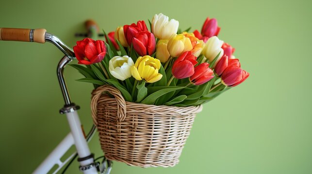 Colorful tulips in a wicker basket on bicycle handlebars with green background, symbolizing freshness, spring joy, flowers, and natural lifestyle, Generative AI