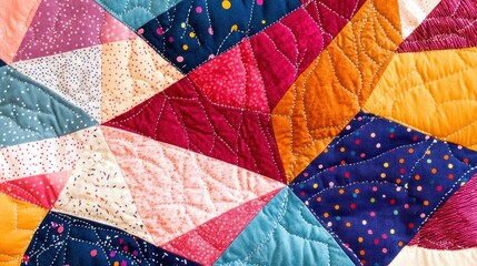 Fototapeta premium Colorful quilt featuring vibrant geometric patterns with rich reds, blues, and yellows, showcasing intricate stitching for a cozy, artistic feel.
