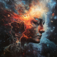 Cosmic Galaxy Stars Nebula Universe Colorful Abstract Face Silhouette Ethereal Portrait Space Imaginative Dreamlike Celestial Beauty and Mystery in Stellar Artistic Exploration