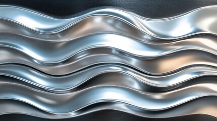 An abstract art piece featuring smooth, wavy metallic textures in silver and gray tones, creating a sense of fluid movement and elegance.