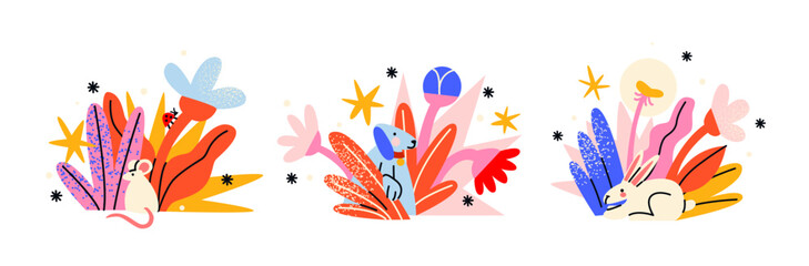 Animals compositions set. Cartoon pets: mouse, dog, and rabbit surrounded by flowers, plants, and doodle abstract elements. Retro groovy illustration animals, nature, and decorative design concept