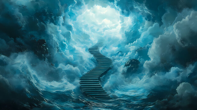 Staircase portal clouds stairway to light. mysterious stairs emerge from turbulent ocean waves and mist. Infinity Staircases. Illustration