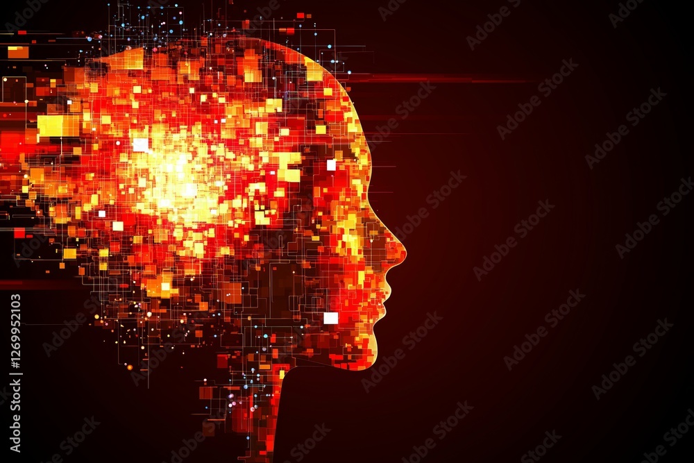 Aufkleber futuristic digital female head with floating blue pixels, symbolizing artificial intelligence, data 