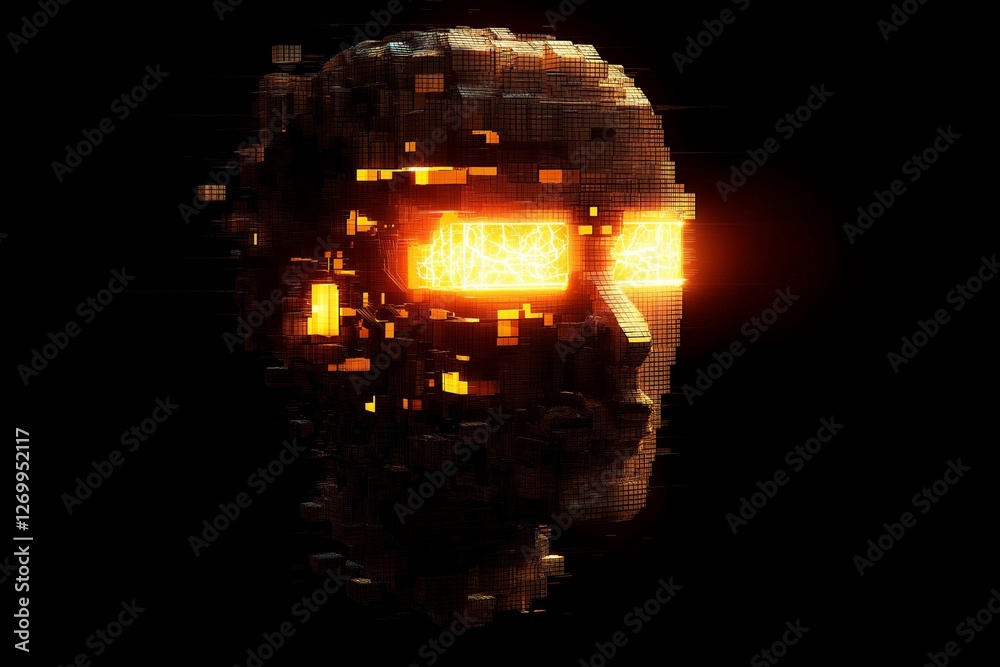 Poster Abstract digital human head with data flow and bright pixels, representing artificial intelligence, technology, and futuristic thinking, Generative AI