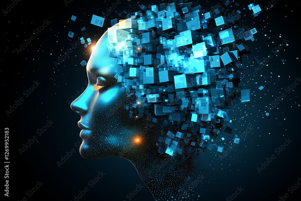 Aufkleber futuristic digital female head with floating blue pixels, symbolizing artificial intelligence, data 