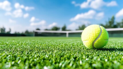 Tennis ball on court, sunny day, net background, sports imagery
