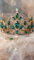 A beautiful tiara adorned with vibrant emeralds and lustrous pearls is elegantly resting on top of a wellset table