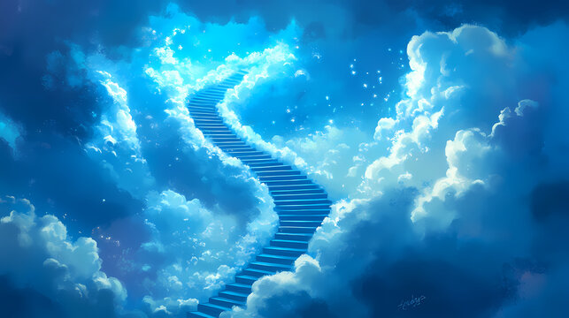 Stairway to heaven, cloudscape, blue steps. Infinity Staircases. Illustration