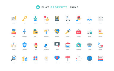 Rent, purchase and sale of real estate and property color icon set. Smart home services and insurance shield, location and comfortable interior decor, garage flat elements vector illustration