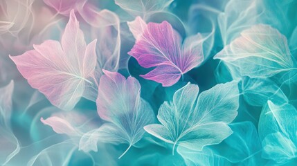 A dreamy composition of translucent pastel leaves, blending shades of pink, turquoise, and soft whites, creating an ethereal and calming atmosphere.