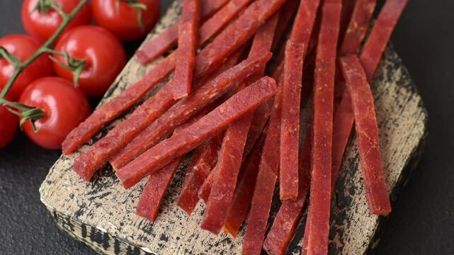 Jerky dried fish sticks with salt and spices on a dark concrete background