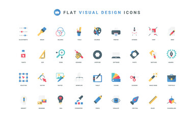 Digital art design, idea and equipment for designers, portfolio and artists mindset color icon set. Software, pencil scissors pen tools to edit graphic design flat elements vector illustration