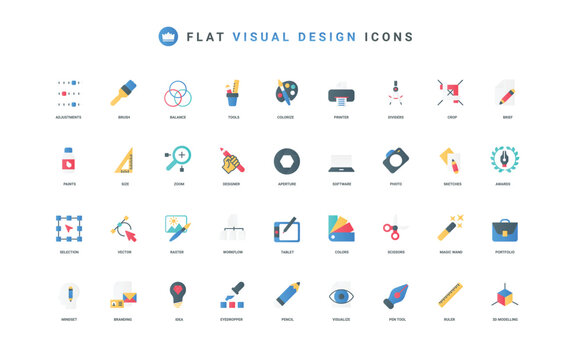 Digital art design, idea and equipment for designers, portfolio and artists mindset color icon set. Software, pencil scissors pen tools to edit graphic design flat elements vector illustration