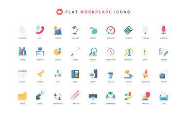 Stationery for employees workplace, office workflow and communication color icon set. Phone call and online business meeting, data and trend analysis, documents flat elements vector illustration
