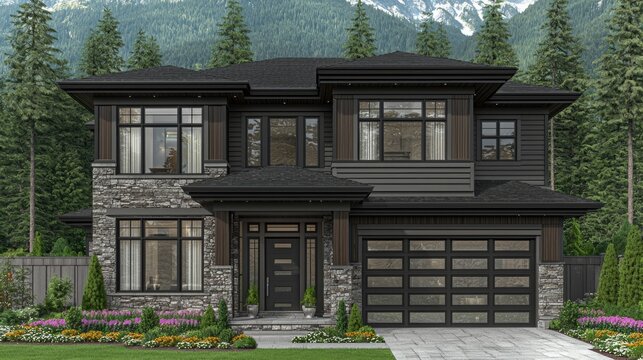 Modern house exterior view, mountain backdrop, bright sunny day, possible real estate use