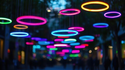 Colorful neon rings illuminate a vibrant urban setting, creating a playful and festive atmosphere in the evening.