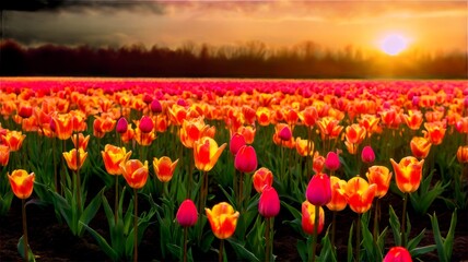 Vibrant tulip field glowing under a sunset sky.